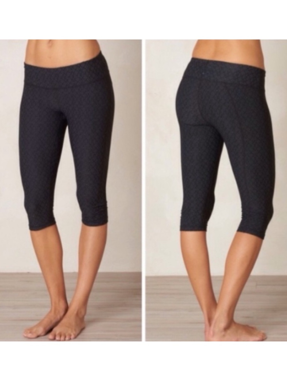 Prana Misty Knicker Capri Leggings Charcoal Gray and Black Jacquard Ruched XS